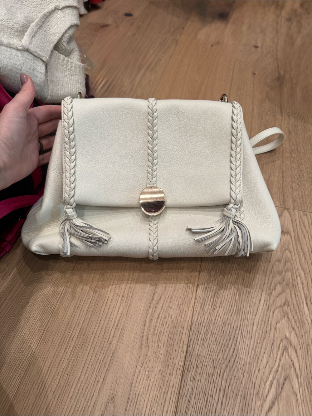 Chloe Off-White Braided Tassel Shoulder Bag with Gold Accent